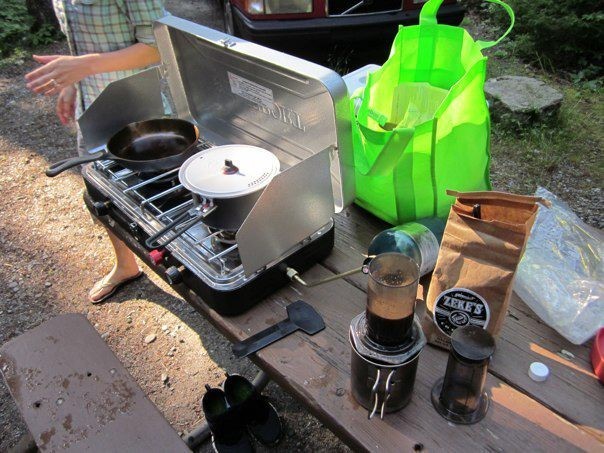 aeropress coffee maker - the aeropress being put to use on a car-camping morning.