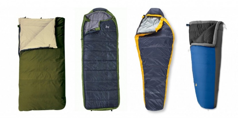 camping sleeping bag - from left to right: rectangular (most comfortable), hooded...