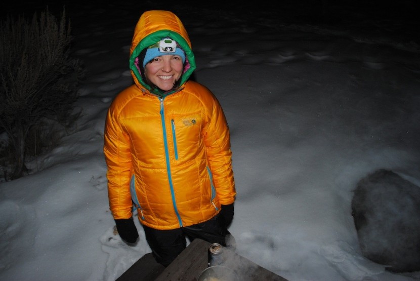 mountain hardwear hooded compressor - molly staying warm on a cold yellowstone evening. she has the...