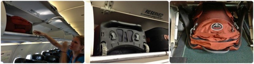 osprey meridian 22 - jessica loads the meridian main bag overhead and slips the day pack...