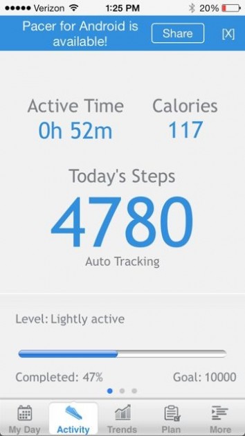 pacer - screenshot of summary "home screen" on the pacer app.