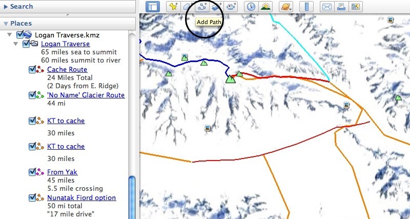 use the 'add path' tool to draw possible routes in google earth.