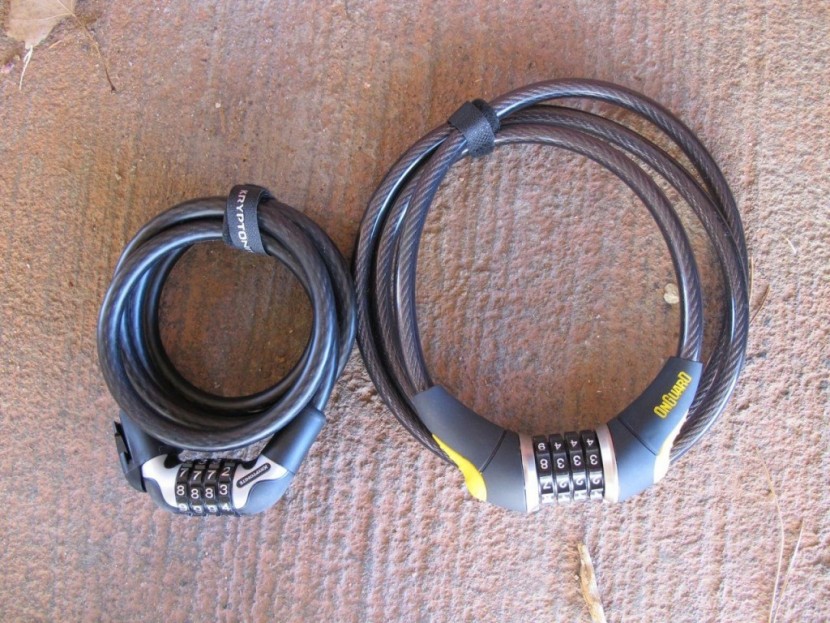 bike lock - on the left is the kryptonite's kryptoflex (coiled cable) and on the...