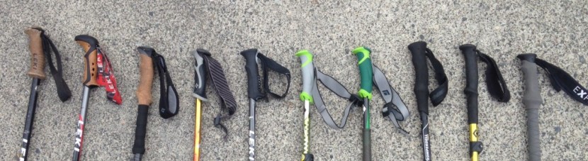 trekking poles - showing the several styles of grip shapes and materials used on...