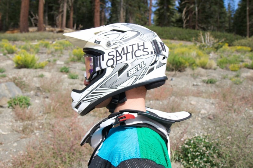 bell sanction - profile view of the bell sanction worn with a leatt dbx neck brace...