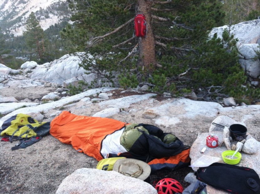 rei minimalist - drying camp out after a thunderstorm in the high sierra.