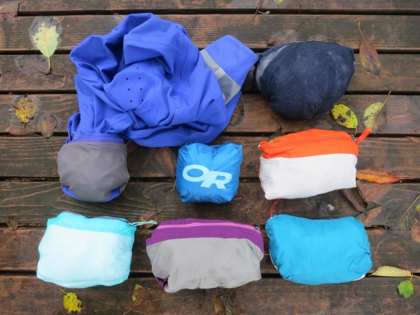 sierra designs stretch for women - the rain jackets packed up into their stowable pockets. from left to...