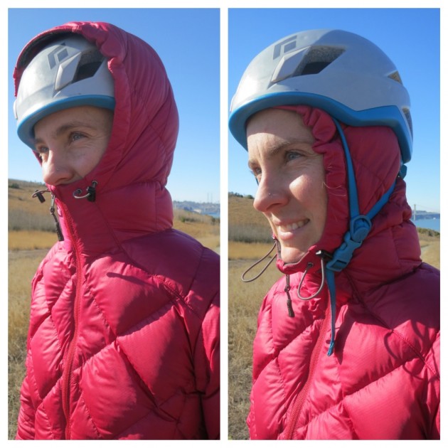 montbell alpine light down parka for women - the alpine light hood above and below a helmet. the fit is a little...