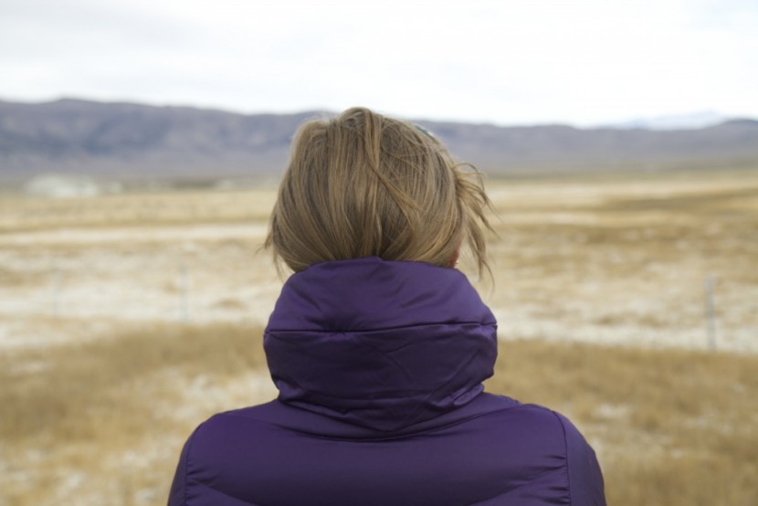 patagonia downtown loft jacket- women's - back view of the hood when it is stored into the collar. the zipper...