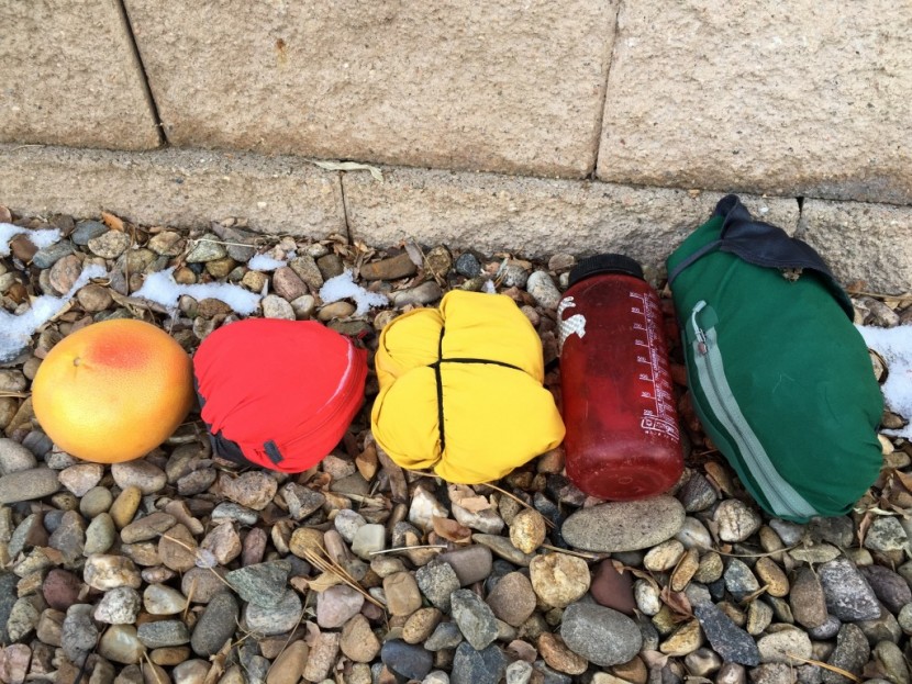 patagonia simple guide hoody - packed sizes from left to right: grapefruit, ferrosi, intraverse...