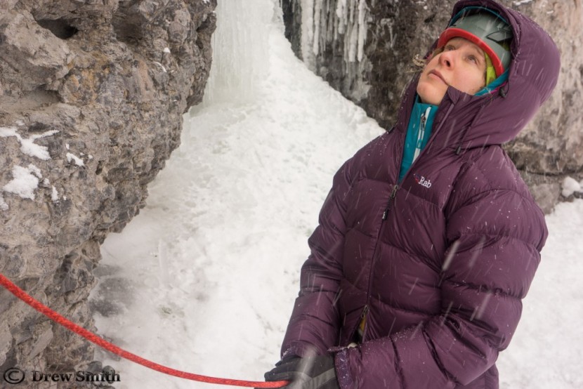 rab neutrino endurance jacket for women - wearing the rab neutrino endurance as a belay parka while it is...