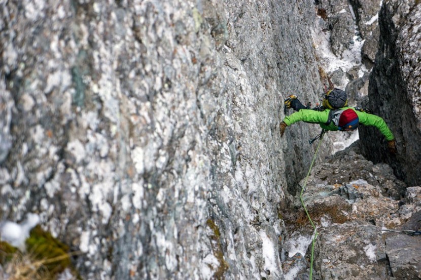 under armour base 2.0 - sometimes winter climbing involves gymnastic stretches. in this...