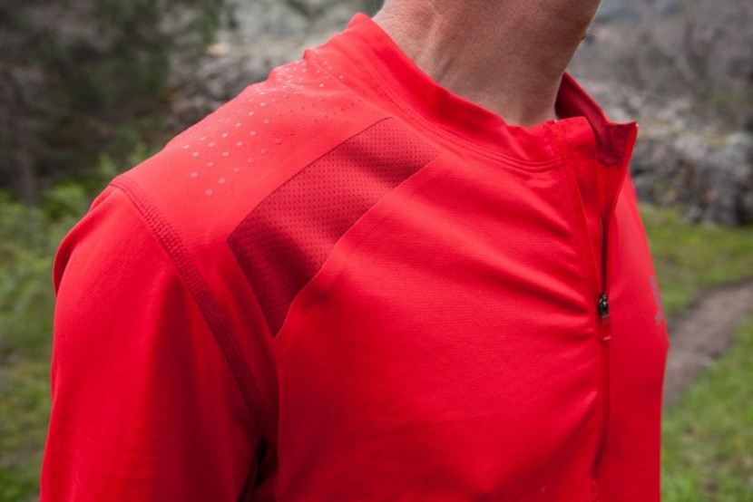 salomon fast wing tee - a close up of the shoulder shows the silicon "pearls" that are...