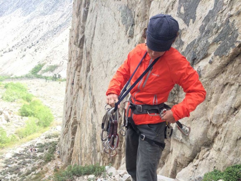 marmot stride for women - jean tucky gearing up for another climb on the mustache wall in pine...