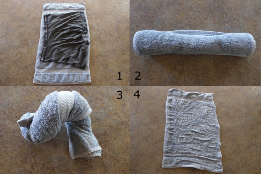 travel underwear - towel roll trick: 1) lay garment flat on a towel. 2) roll tightly...
