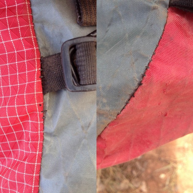 cilogear 45l worksack - this seam began unraveling after about 20 days of use.