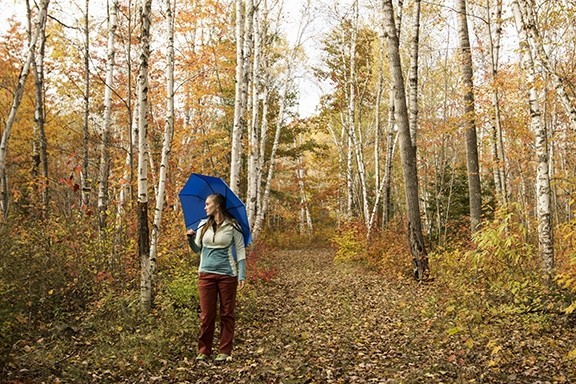 kolumbo travel umbrella - reviewer katie heimer stays dry under a light drizzle on a stroll...
