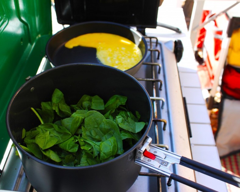 msr quick 2 system cookset - side-by-side preparing spinach and scrambled egg breakfast with this...