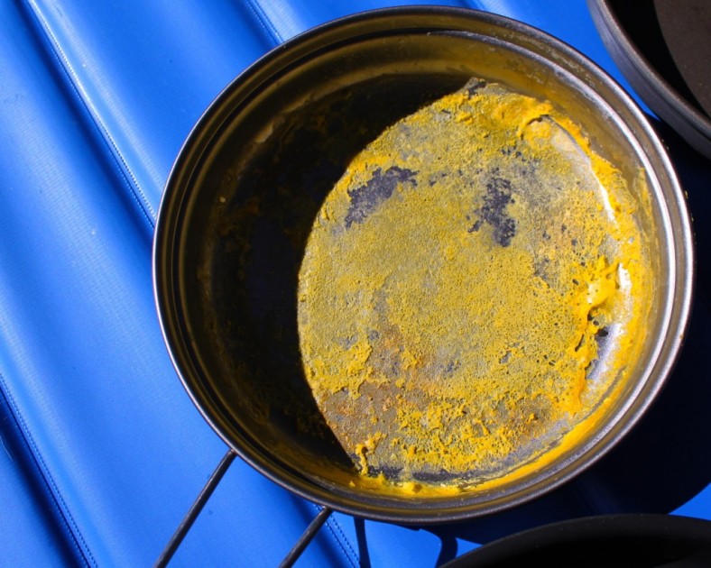 snow peak titanium multi compact - here you can see a large burned spot after our scrambled egg test...