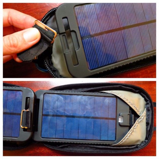 powertraveller solarmonkey adventurer - top: the buckle threads through the slot in the panel to hold it in...
