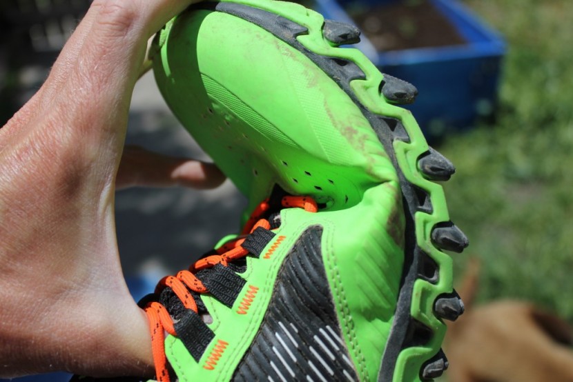 adidas vigor 5 - using my hand to show the crease point of the "nubuck-like" faux...