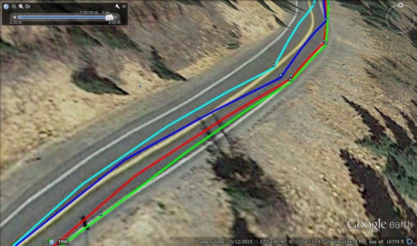 garmin montana 680 - here we see a comparison of tracks while driving. light blue =...