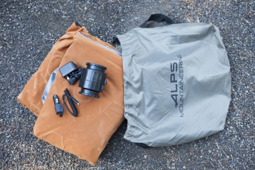 alps mountaineering rechargeable air bed - the contents of the rechargeable air bed. stow sack, bed, air pump...