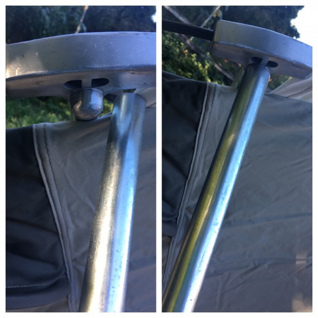 the vertical poles nest into the top t-shaped poles and steel spring...