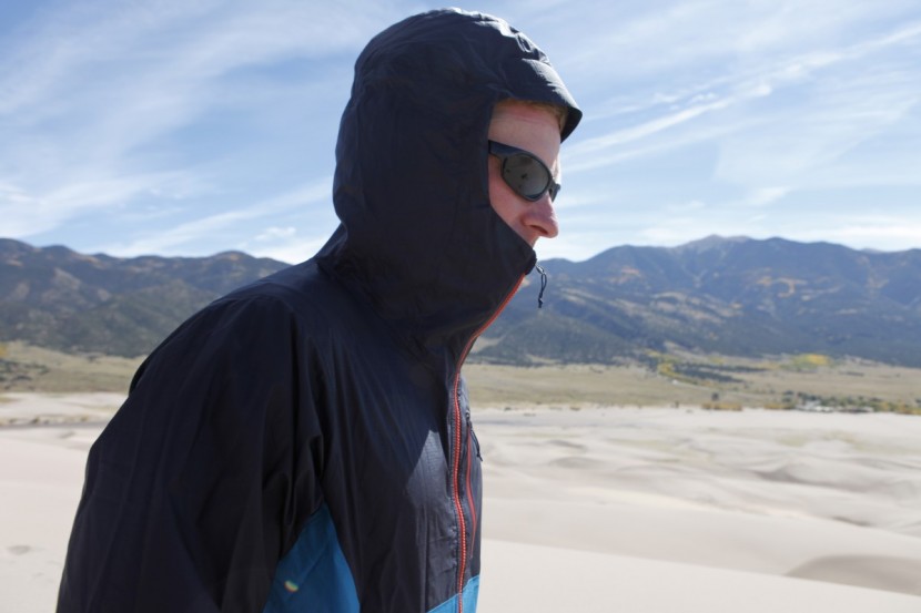 patagonia alpine houdini - the hood of this jacket is cinched up with a single draw cord in the...