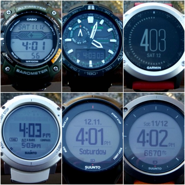 suunto ambit3 peak - a look at all the displays tested. from top left to right: casio...