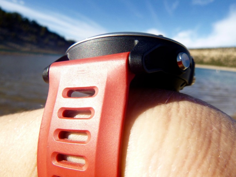 garmin fenix 3 - a closeup of the thickness of the watch face and the silicon strap.