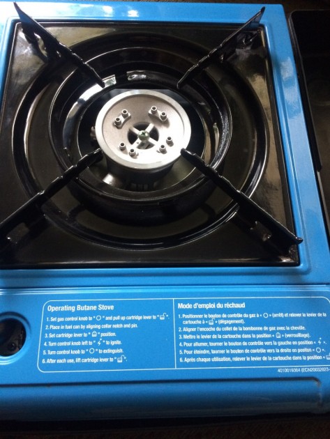 coleman butane instastart - with the setup instructions printed right on the lid of this stove...