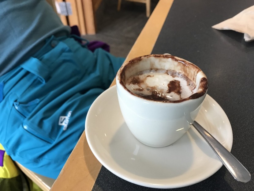 salomon iceglory for women - enjoying italian chocolate apres ski at alta ski resort.