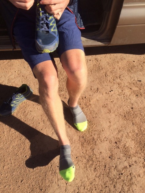 feetures! elite light cushion no show tab - the socks are on, lacing up the shoes for a winter run in the desert.