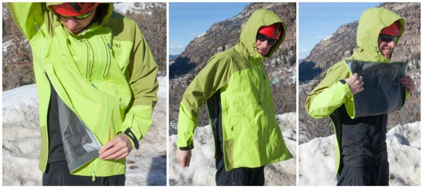 outdoor research furio jacket - displaying the full length side zips for ventilation on this jacket...