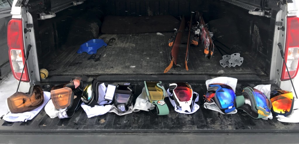 ski goggles - a goggle lineup waiting for action at carson pass, ca.