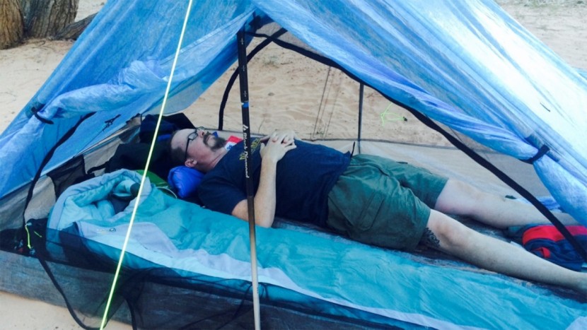 zpacks duplex classic - tom lying on one side of the tent while the author's sleeping bag is...