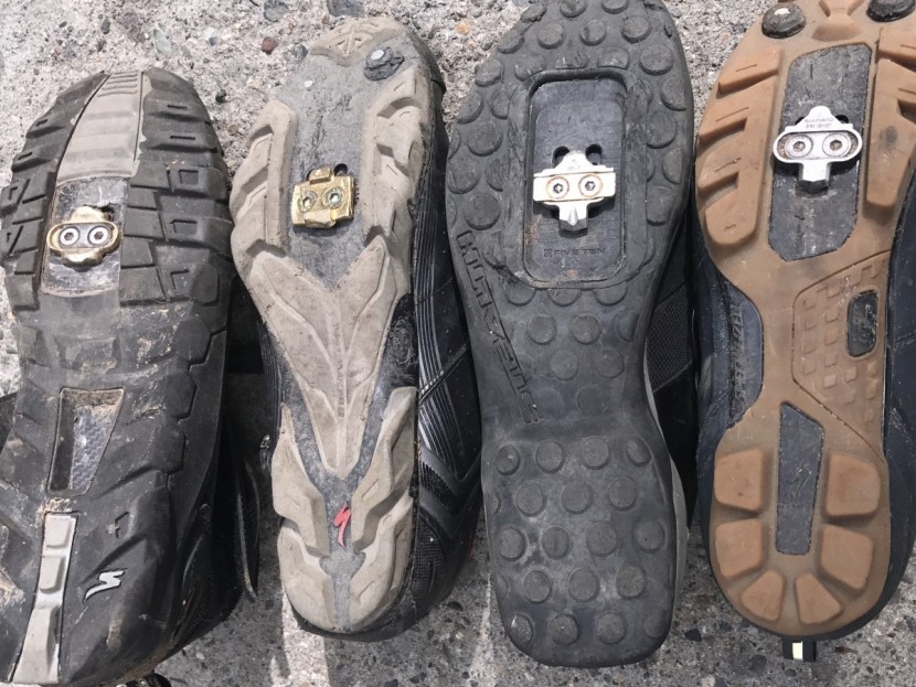 xpedo gfx - cleats from left to right, crankbrothers, time, xpedo and shimano spd.