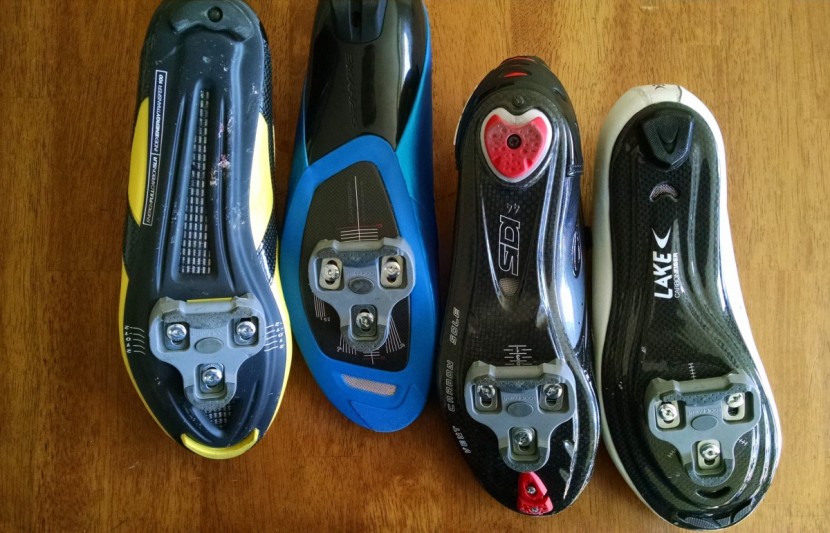 cycling shoes - all four shoes use a carbon outsole, but their designs vary...