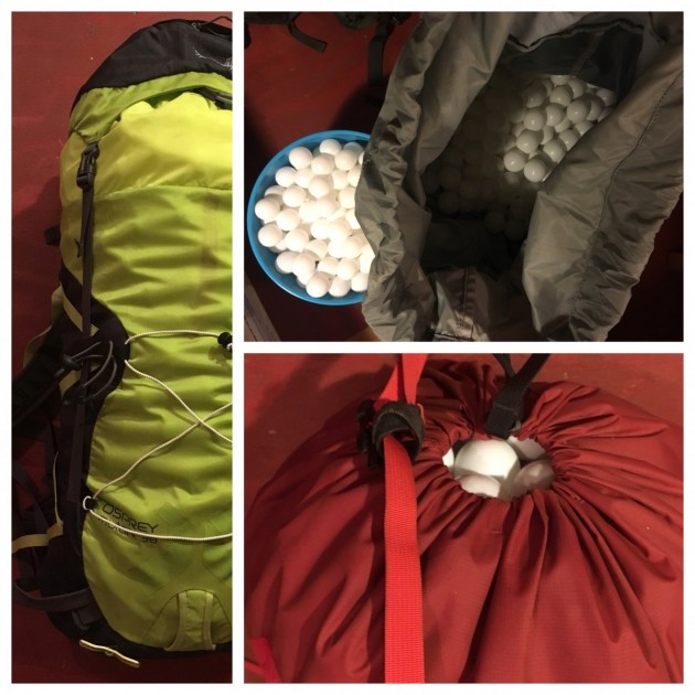 mountaineering backpack - our ping pong ball volume test.