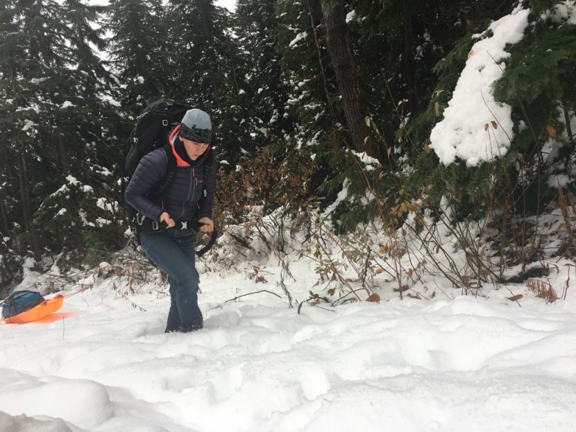 mountaineering backpack - hauling a sled during a round of testing with the denali 100.