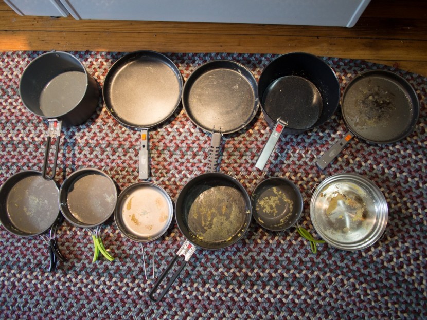 camping cookware - some of our tested cookware after the egg test.