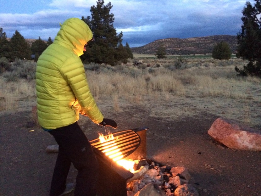 arc'teryx perimeter - trying to warm up by the fire on a chilly and windy night camping...