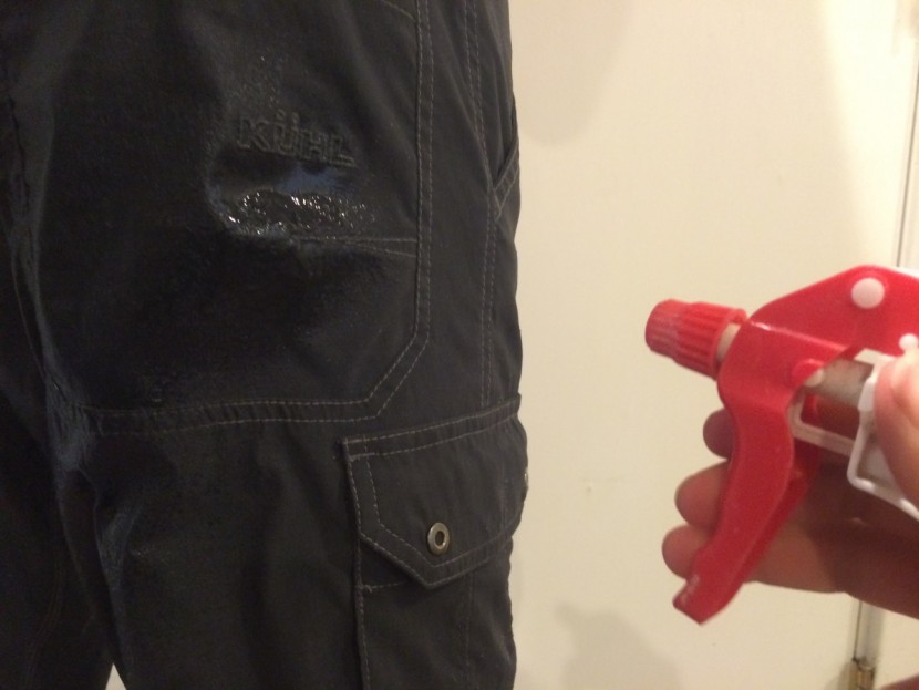 kuhl renegade cargo convertible - testing the dwr coating in a simulated "light rain" before jumping...