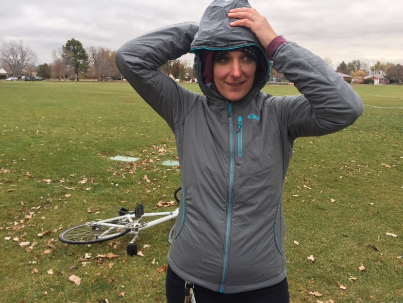 outdoor research ascendant hoody for women - cinching down the stretchy hood and getting ready for a cold bike...