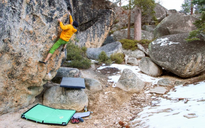 bouldering crash pad - testing crash pads in the tahoe springtime.