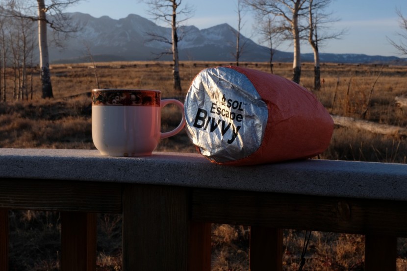 bivy sack - about the size of two cups of coffee, the escape is easily stowed in...