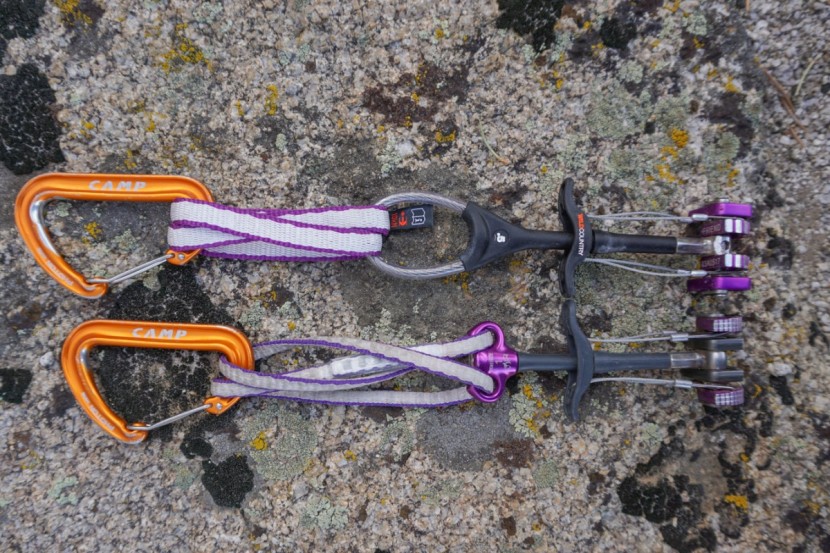 climbing cams - both dmm and wild country make cams with extendable slings.