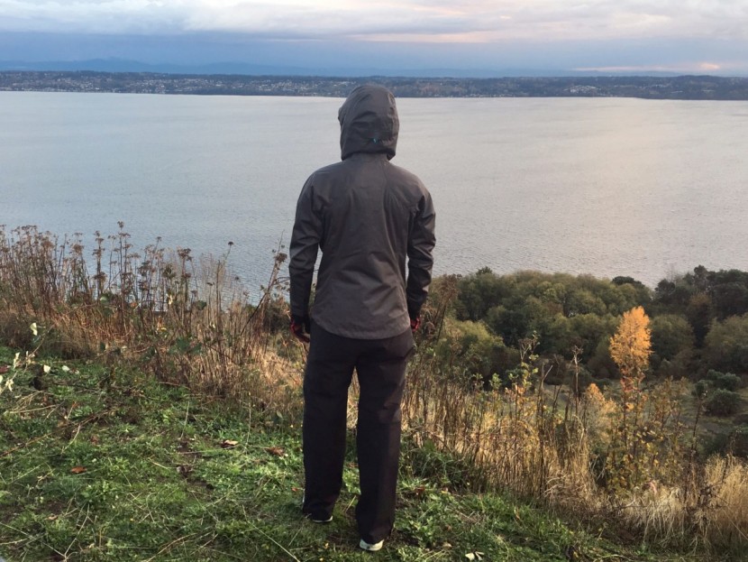 rei co-op talusphere pant for women - enjoying the weather, all bundled up in our rain gear.