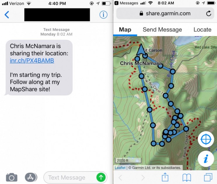 garmin inreach explorer+ - you can share your location and tracking information via text message.